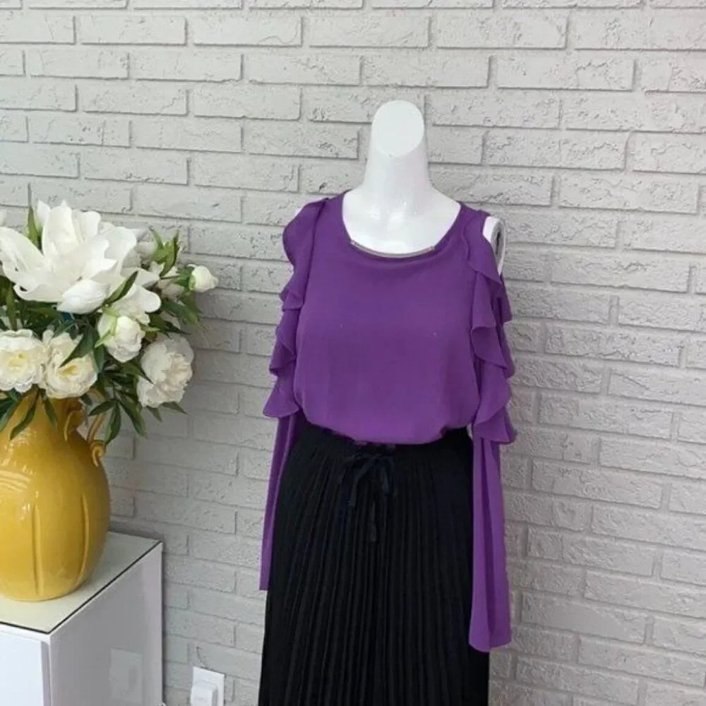 Michael Kors Women Purple Long Ruffle Sleeve Top Size M